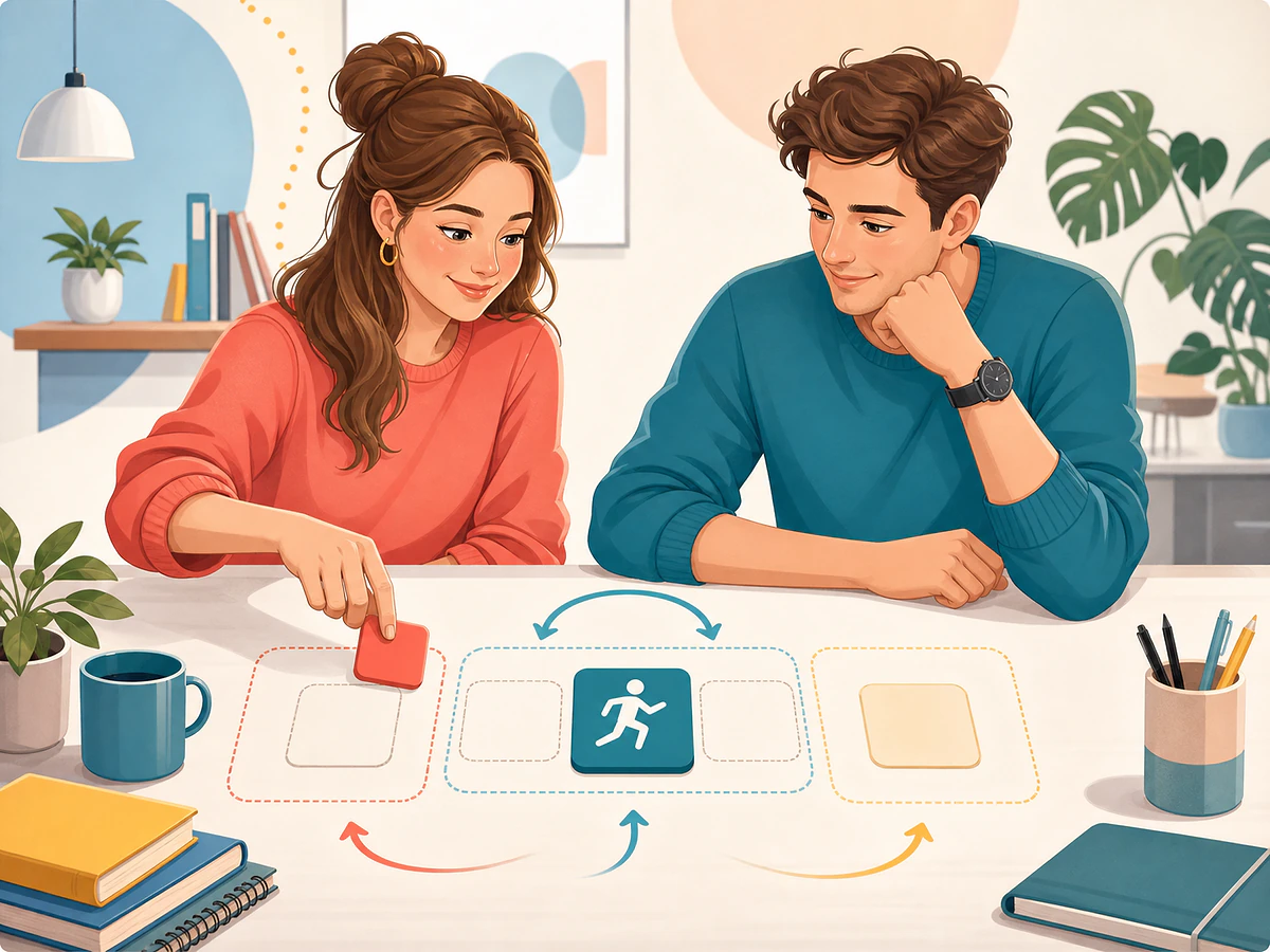 Playful illustration for Where Do Adverbs Go? The Three Positions, an English by Algorithm lesson