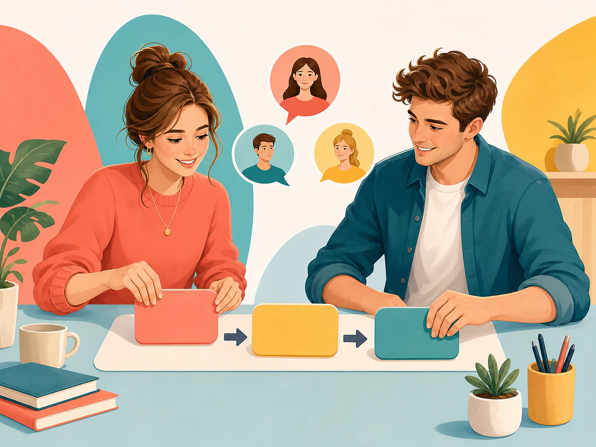 Playful illustration for Your First Real Sentences: Subject, Verb, Object, and Pronouns, an English by Algorithm lesson
