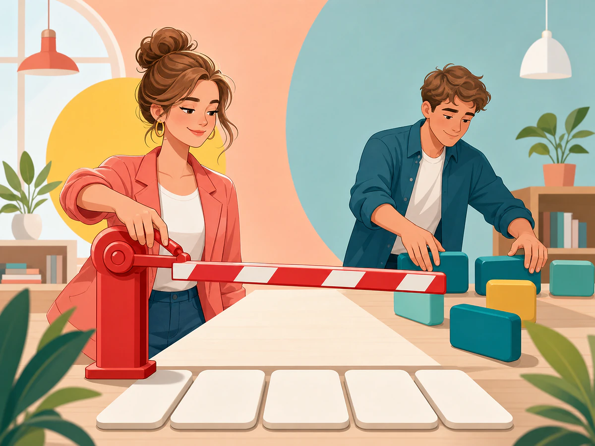 Playful illustration for Saying "No": How to Make Sentences Negative, an English by Algorithm lesson
