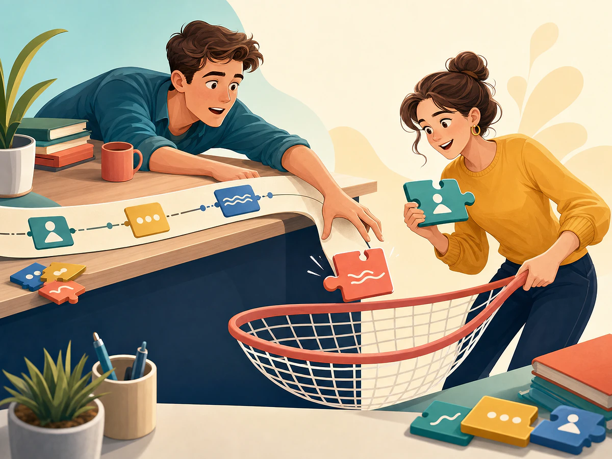 Playful illustration for RT5: The Participle at the Sentence's Edge (and the Dangling Trap), an English by Algorithm lesson