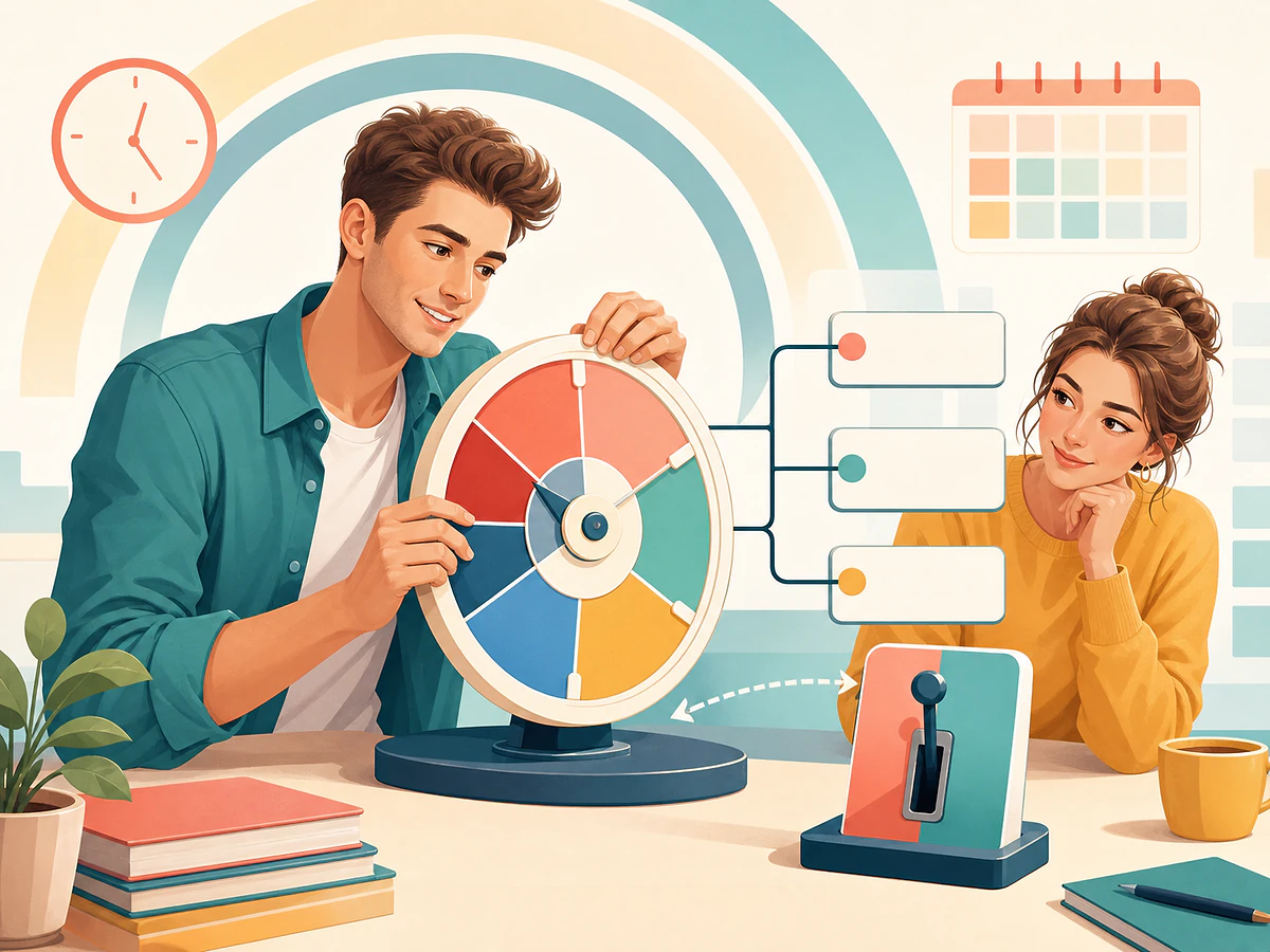 Playful illustration for Reading Time and Voice Off the Page: The Tense Matrix, an English by Algorithm lesson