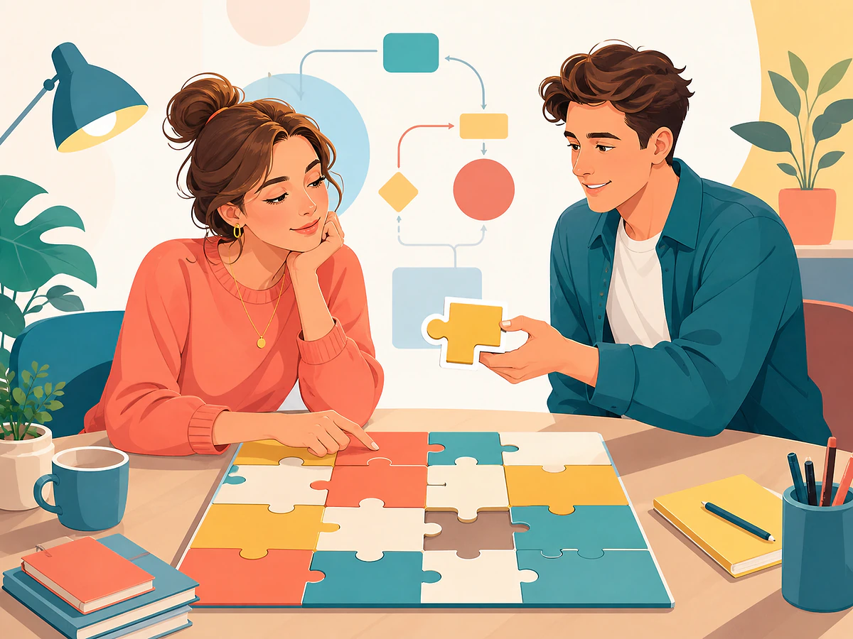 Playful illustration for The -ing Puzzle: One Procedure to Sort Out Every "-ing" Word, an English by Algorithm lesson