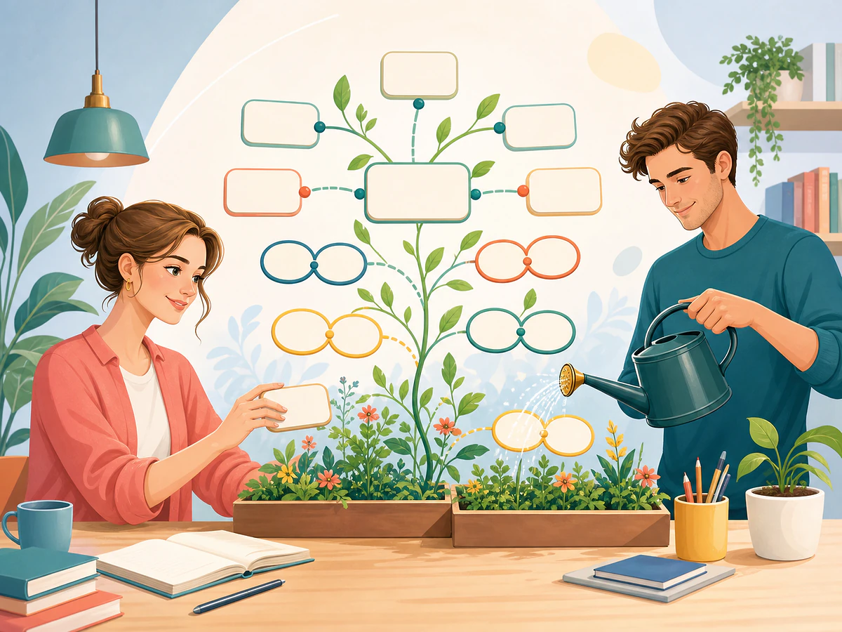 Playful illustration for Growing Vocabulary the Smart Way: Families, Frequency, and Collocations, an English by Algorithm lesson
